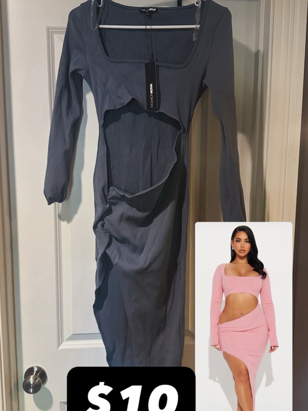 Motel Rocks Slate Gray Ribbed Cutout Midi Dress